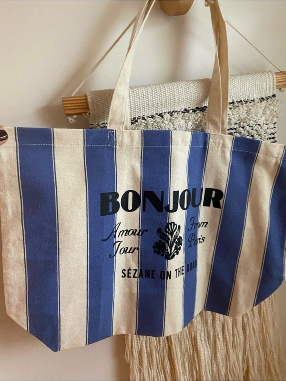 Blue and Cream Striped Canvas Shoulder Tote - "Bonjour" Print